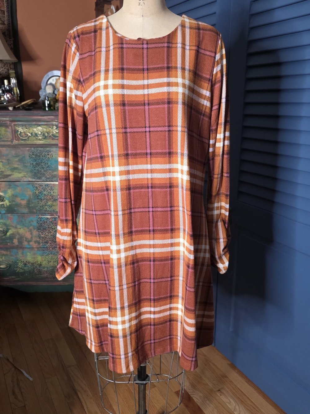 Versona Orange and White Plaid Long-Sleeve Shift Dress